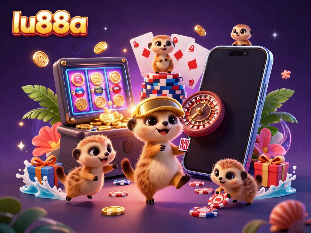 Experience thrilling gameplay at lu88a with vibrant meerkats running a dynamic casino, featuring exciting slot action and colorful gaming elements.