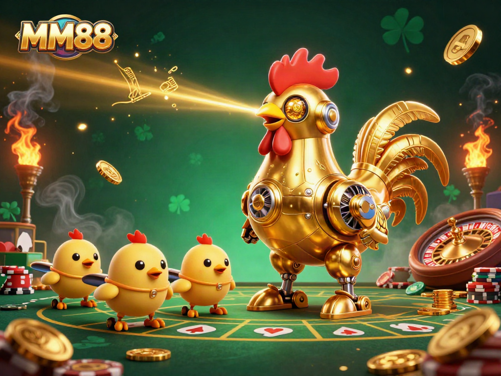Place bets at MM88 with a dynamic scene of a golden rooster robot and baby chick drones in a casino.