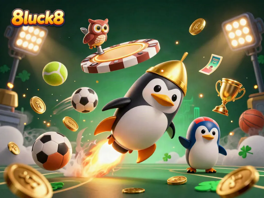 Experience thrilling wins with 8luck8 while the dynamic penguin and sports elements illuminate the casino.