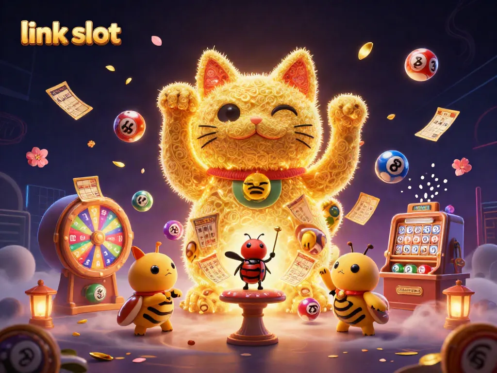 Experience dynamic action in the casino world with this vibrant link slot illustration featuring a lucky cat and colorful casino elements.