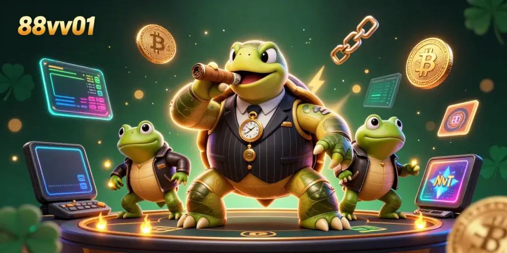 Captivating 88vv01 casino scene featuring a massive snapping turtle in a suit and two bullfrog enforcers surrounded by dynamic crypto elements.