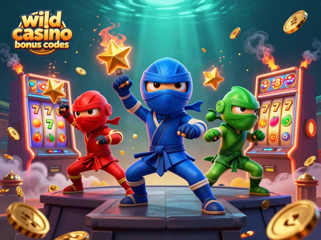 Engage with wild casino bonus codes as ninja chameleons showcase their skills amidst colorful slot machines.