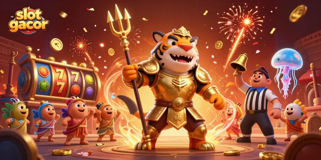Raih kemenangan besar dengan slot gacor, ditampilkan oleh hiu kartun 3D di arena bawah laut.