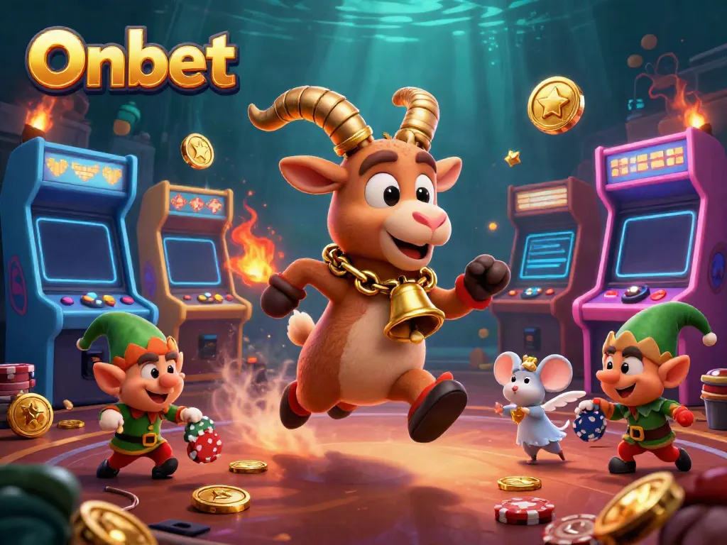 Experience festive winning moments at Onbet with a lively casino scene featuring Krampus, an angel mouse, and playful gremlins.