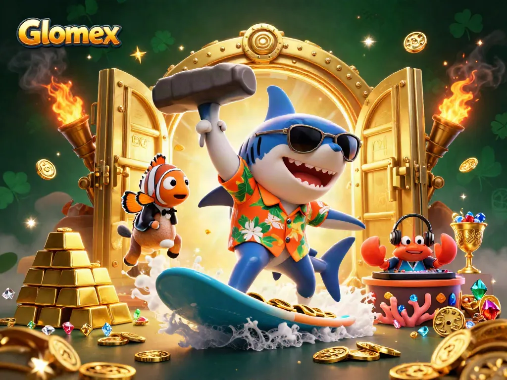 Engaging Glomex scene showcasing a shark and friends winning big in a treasure-filled casino atmosphere.