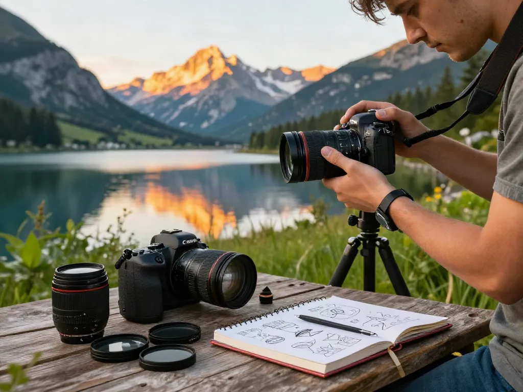 Pengaturan fotografi kreatif di BIGHOKI88, seorang fotografer menangkap pemandangan saat senja.