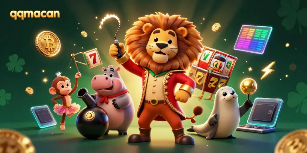 Engage with exciting qqmacan features in dynamic circus-themed casino scene.