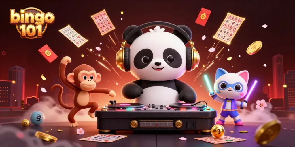 Engaging bingo 101 illustration showing a DJ panda, dancing monkey, and rave kitten
