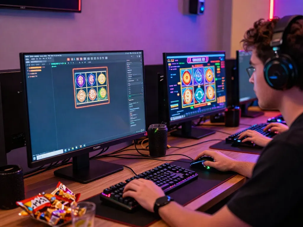 Excited gamer immersed in a colorful slot gacor game in a cozy neon-lit room.