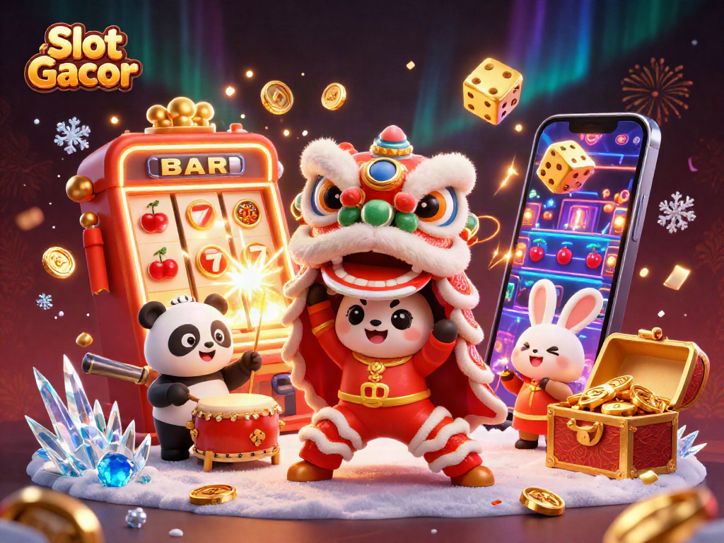 Experience the thrill of Slot Gacor with a vibrant scene of jackpot excitement and festive characters.