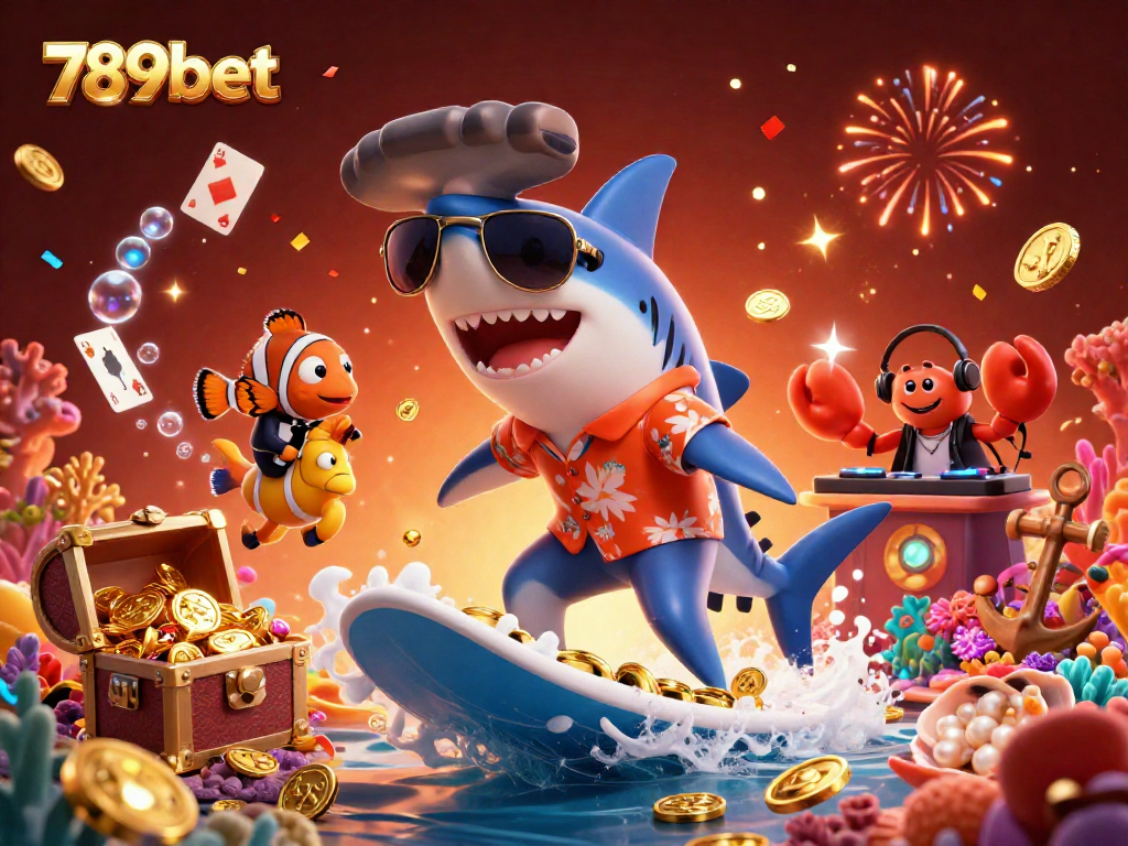 Engage with 789bet's vibrant underwater casino scene featuring a shark and clownfish amidst gold coins and games.