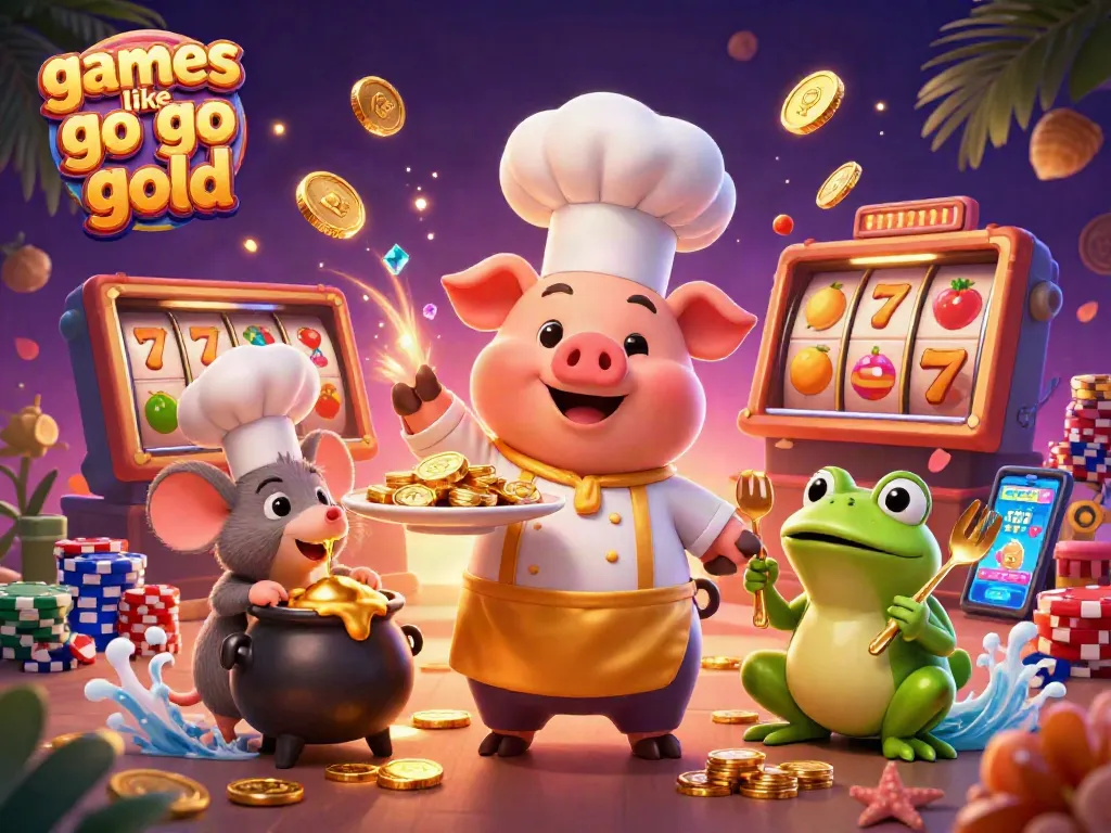 Experience thrilling action in games like Go Go Gold with vibrant slots, a chef serving gold coins, and playful characters.