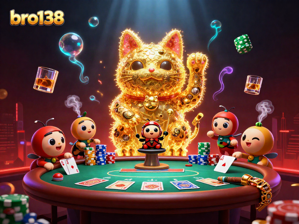Experience vibrant gameplay with bro138, featuring a 3D lucky cat and poker elements in a dynamic casino scene.