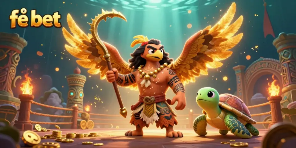 Experience vibrant online gaming excitement with fe bet in this dynamic casino scene, featuring a demigod hawk and turtle.