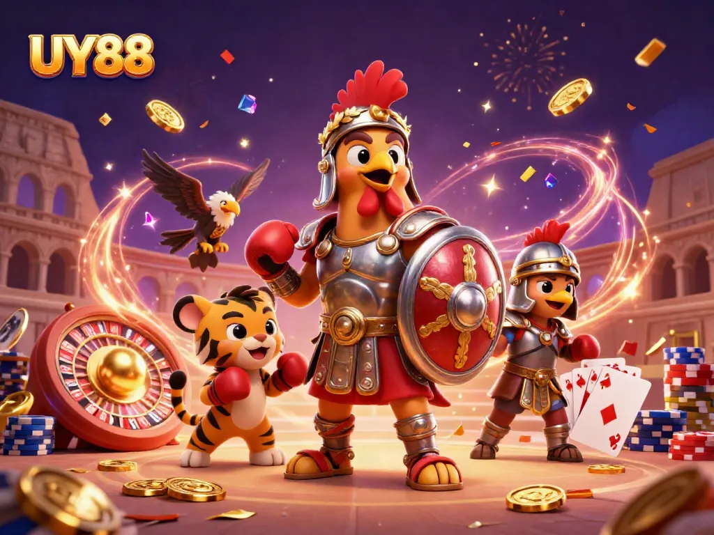 Experience excitement with UY88 in a vibrant, dynamic casino-themed illustration showcasing an adventurous scene.