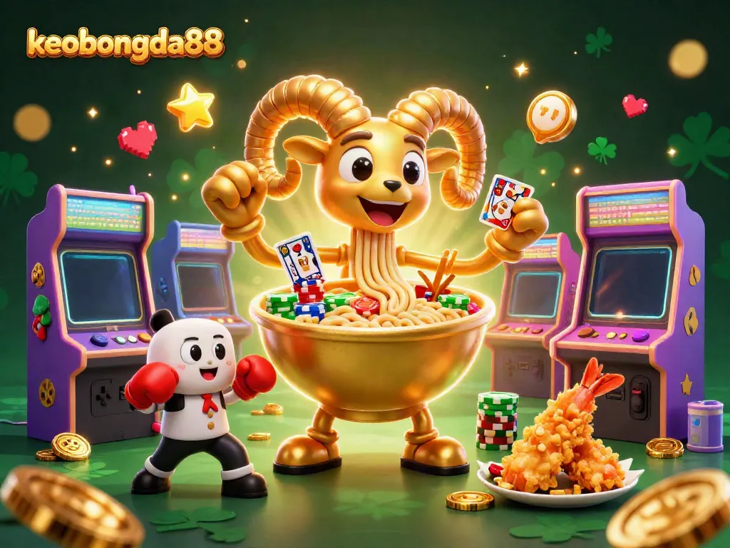 Engage in exciting gameplay with keobongda88 as a giant ramen bowl character deals cards and stacks chips.