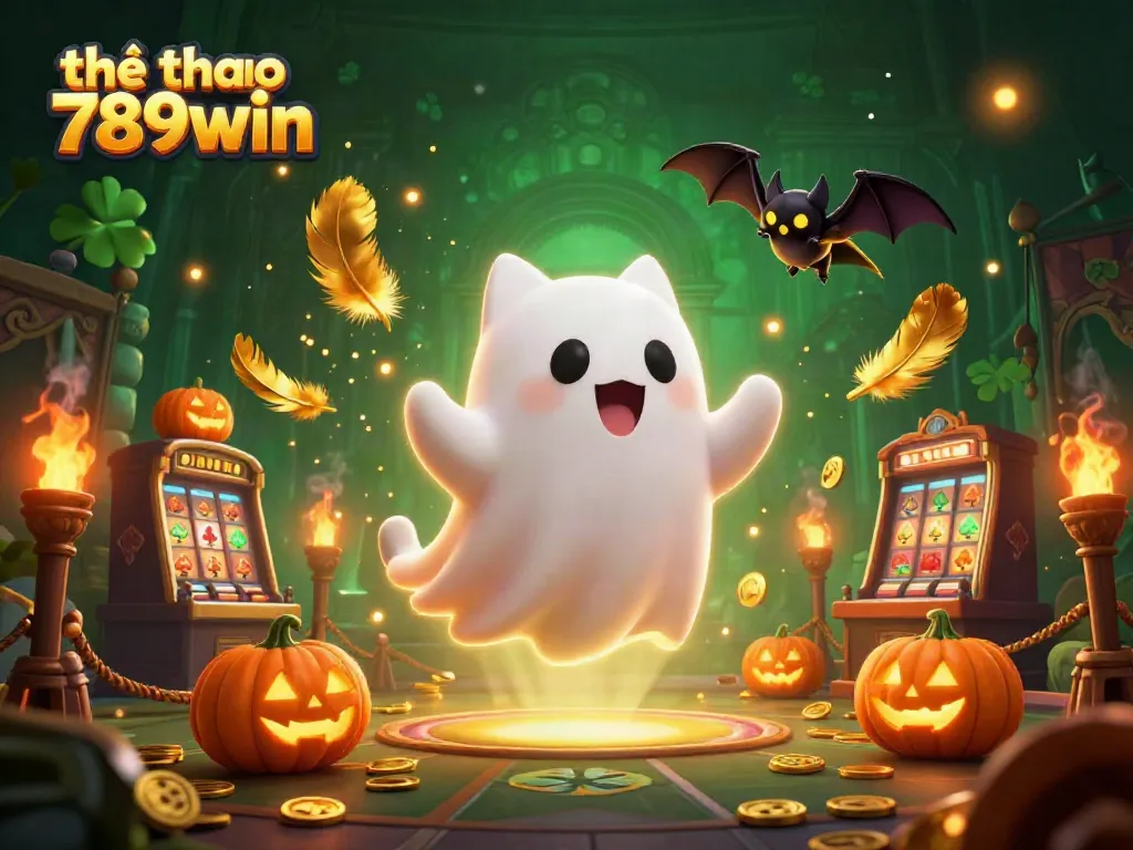 A friendly ghost cat and a vampire bat navigating the thrilling world of thể thao 789win in a haunted casino setting.