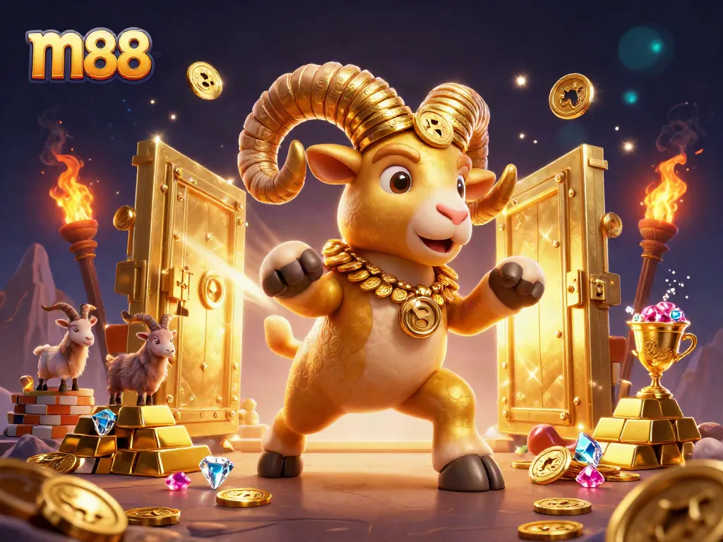 Experience the thrill of m88 gaming as a golden ram charges through a vibrant casino scene.