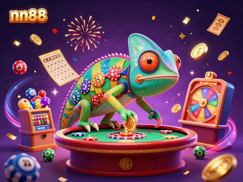 Join the exciting world of nn88 as a chameleon casino owner delights in a vibrant celebration filled with games, prizes, and confetti.