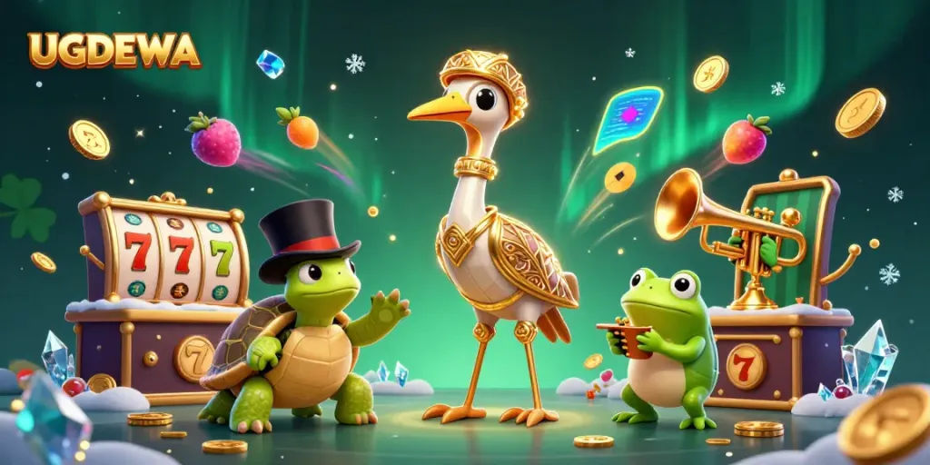 Engage with UGDEWA's vibrant scene featuring slot reels and charming characters in a lively casino atmosphere.
