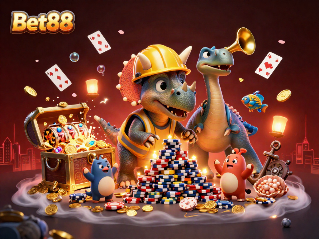 Bet88 features a lively casino scene with a triceratops stacking poker chips and celebrating wins.
