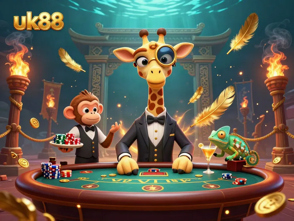 Experience exciting gameplay at uk88 with a high-roller giraffe, monkey valet, and chameleon bartender in a vibrant casino scene.
