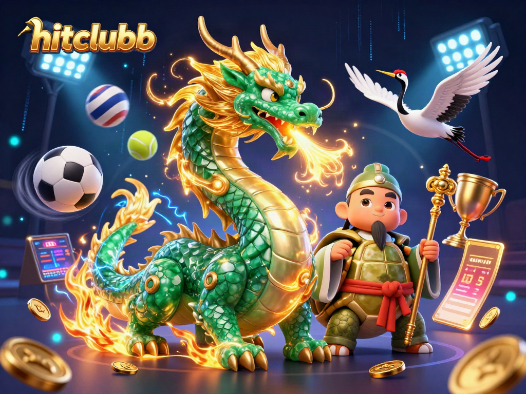 Experience thrilling gameplay at hitclubb with a vibrant fantasy illustration of a jade dragon and lucky symbols.