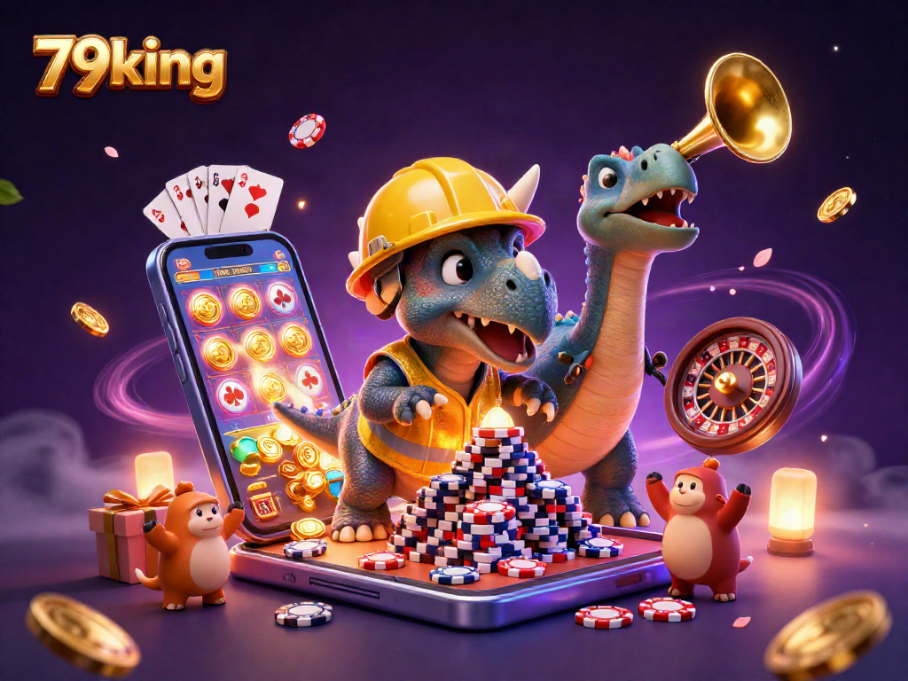 Engage with 79king in this vibrant casino scene featuring a triceratops and more celebrating winning moments.