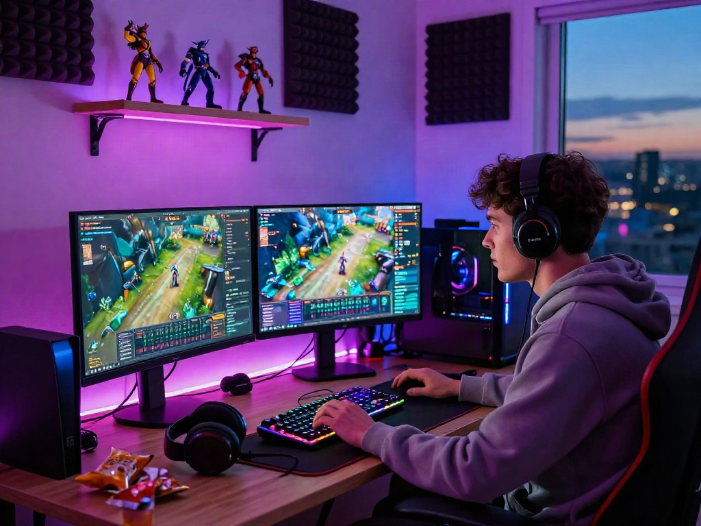 Gamer immersed in go8 experience with dual monitors and glowing setup