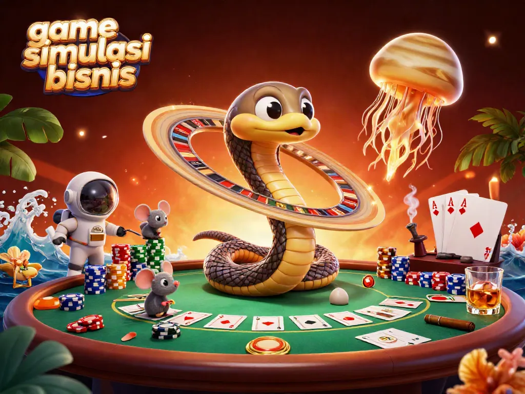 Permainan game simulasi bisnis dengan tema luar angkasa menampilkan ular Saturnus dan petugas dealer.