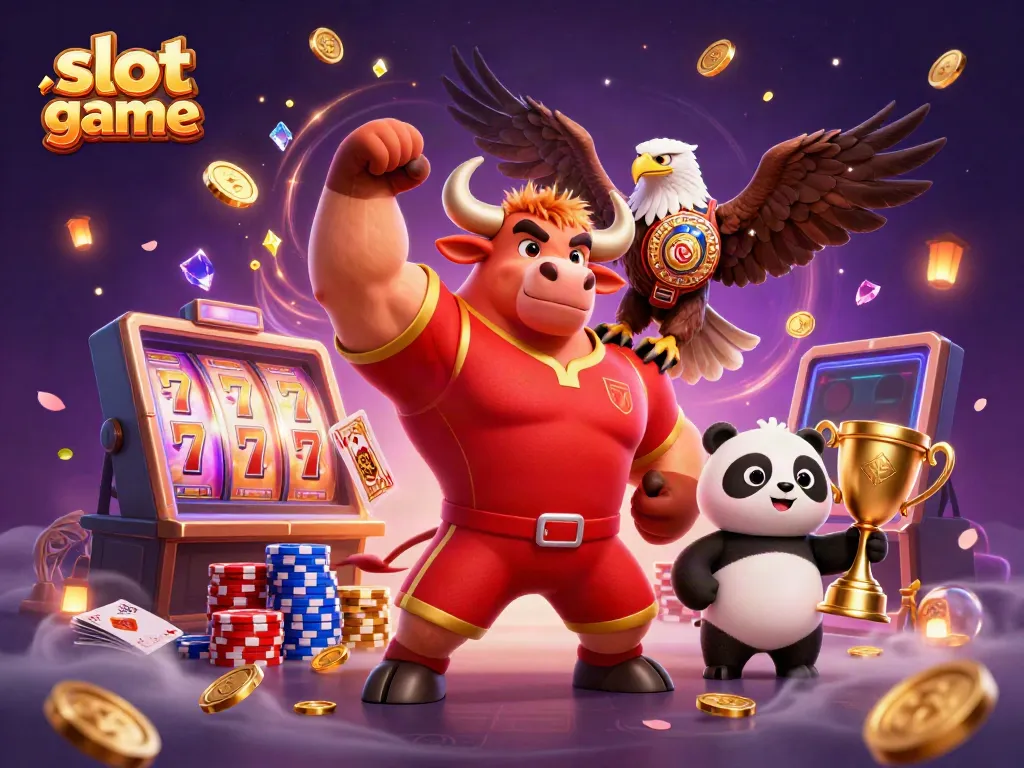 Play exciting slot game with a muscular bull mascot, eagle, and panda, surrounded by vibrant casino elements.