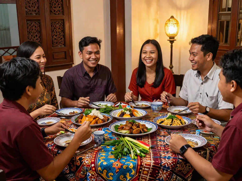 Nyonya 4D cultural dining scene with friends enjoying traditional Peranakan dishes, vibrant decor, and warm atmosphere.