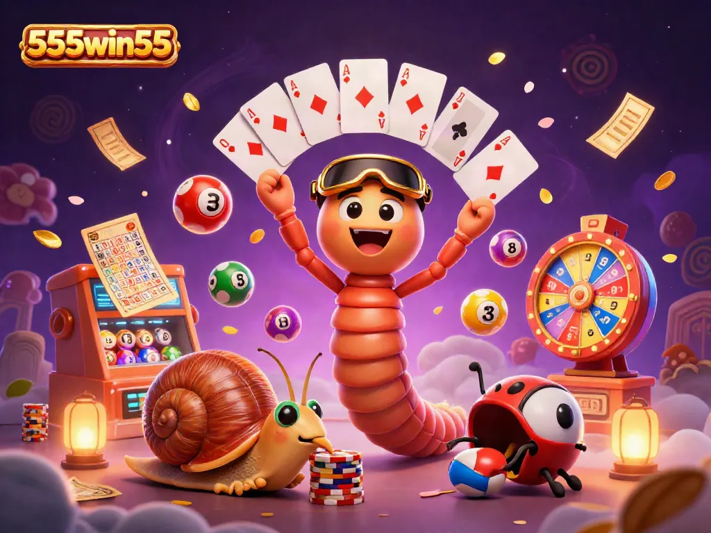 Join the excitement with 555win55's vibrant casino scene featuring unique characters and dynamic game elements.