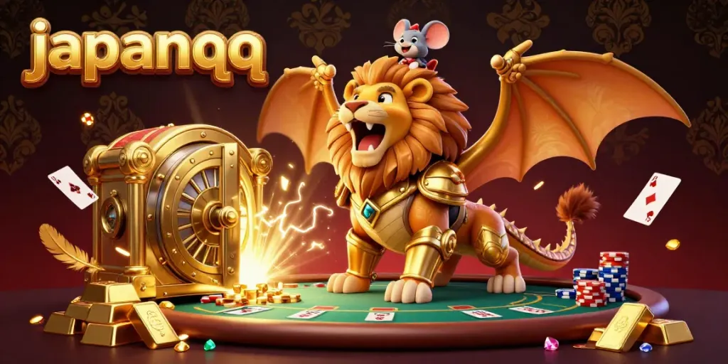 Permainan seru di japanqq dengan karakter chimera dan mouse berani dalam ilustrasi kasino yang megah.
