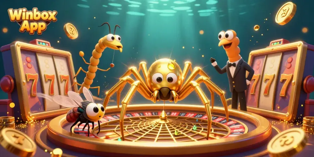 Winbox App showcases a golden spider and centipede croupier in an animated casino scene, spinning a roulette web.