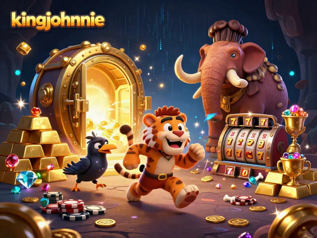 Engage with kingjohnnie casino's vibrant scene featuring Slot games, giant gold treasures, and playful characters.