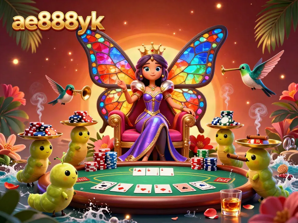Engage with ae888yk at a lavish poker scene featuring a butterfly queen and vibrant chips.