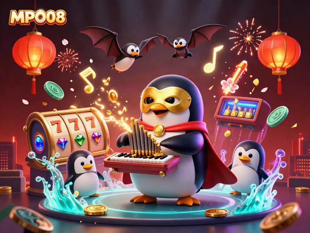 Engage with MPO08's captivating casino scene featuring a penguin playing a coin-shooting organ.