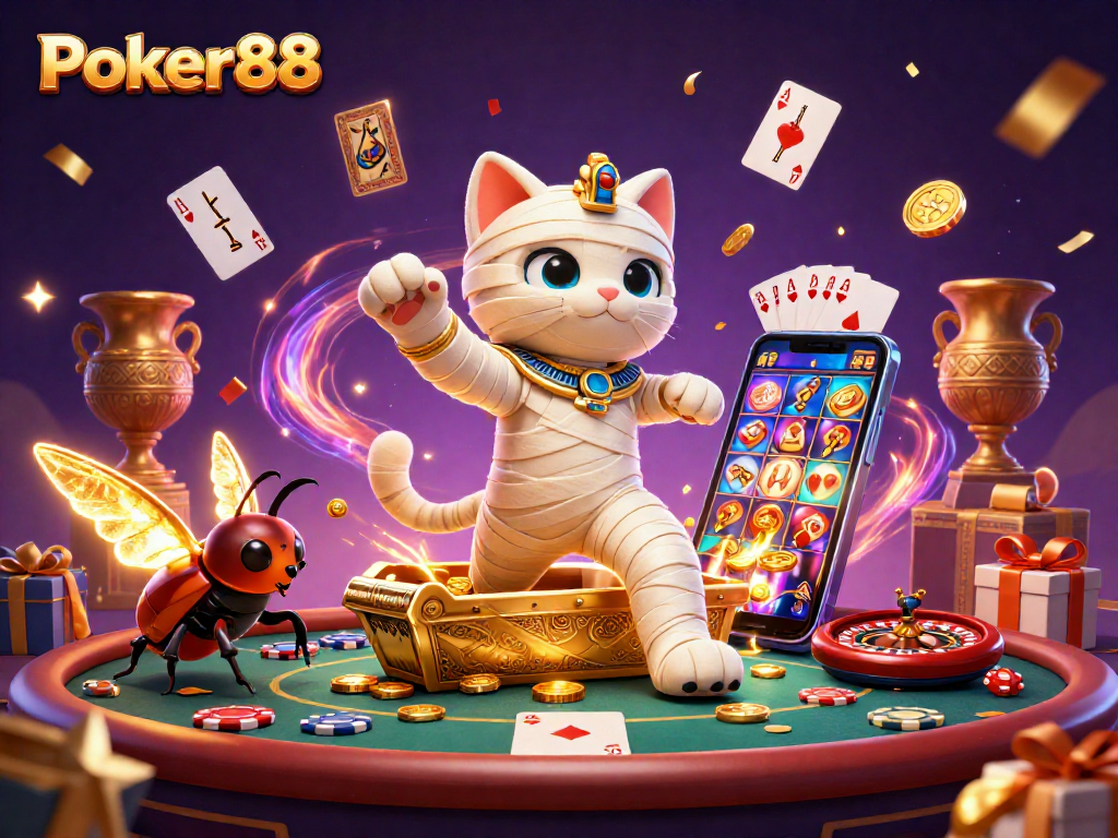 Experience Poker88 excitement with vibrant casino elements and colorful characters bursting into action.