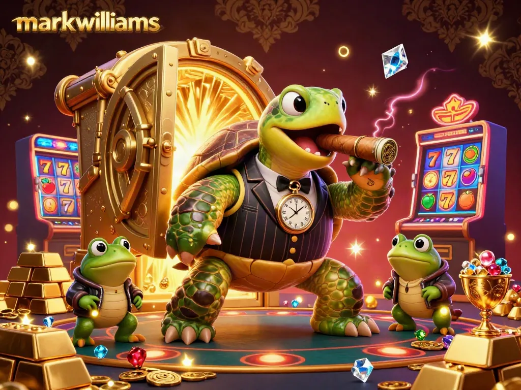 Engage with markwwilliams as a massive snapping turtle leads a thrilling casino adventure surrounded by gold treasures and vibrant slot machines.