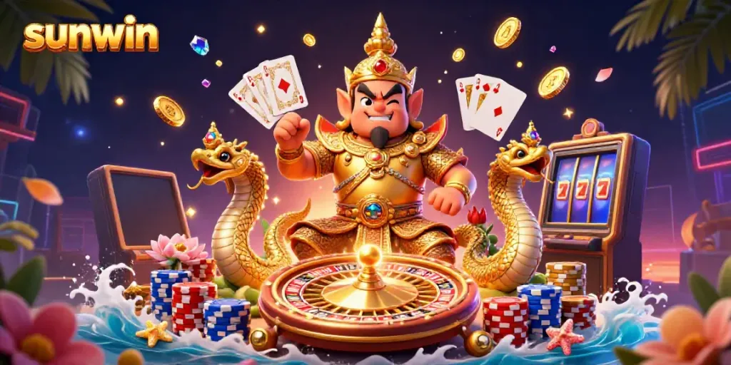 Experience the excitement of sunwin with a vibrant 3D illustration of casino games and characters.
