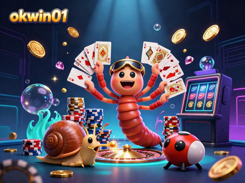 Experience the excitement of okwin01 in this vibrant 3D casino illustration with colorful characters and gaming elements.