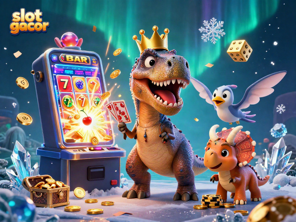 Experience the excitement of slot gacor with a T-Rex, pterodactyl, and triceratops amidst vibrant casino elements.