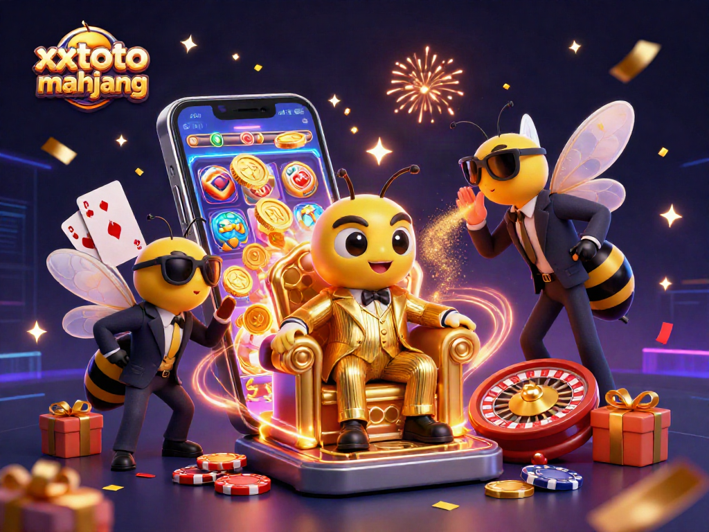 Menang dengan xxtoto mahjong dikelilingi simbol-simbol kasino ceria dan efek meriah.