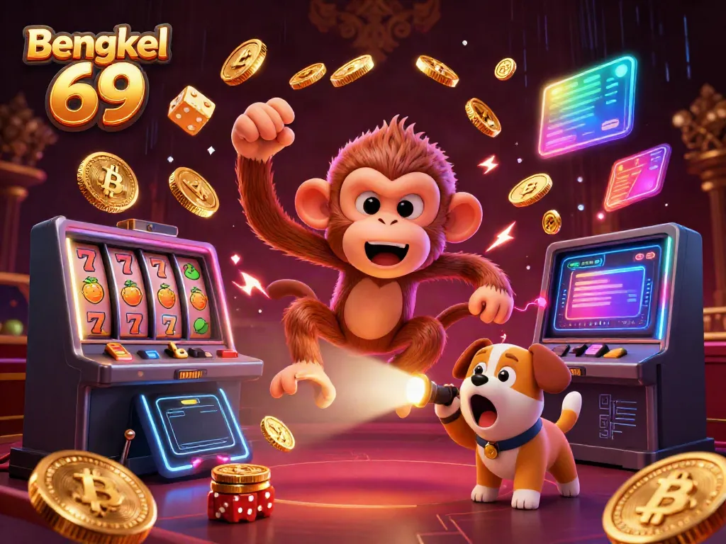 Experience the excitement of Bengkel 69 with a playful poltergeist monkey and a ghost-hunter puppy in a bustling casino setting.