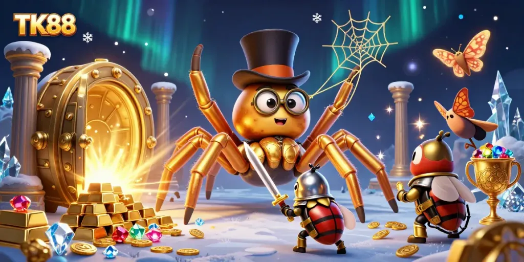 Witness TK88's enchanting casino showdown with a brave beetle knight and a golden tarantula.