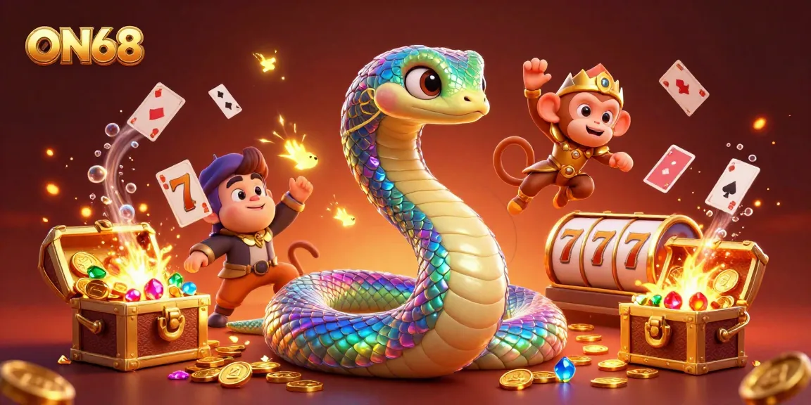 Experience the thrill of ON68 with vibrant visuals of a coiled rainbow serpent and golden treasures.