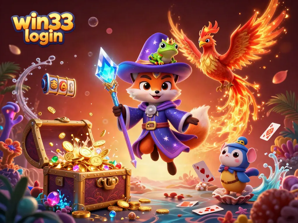 Engage with the fun of win33 login in this vibrant casino-themed scene, featuring treasures and magical characters.