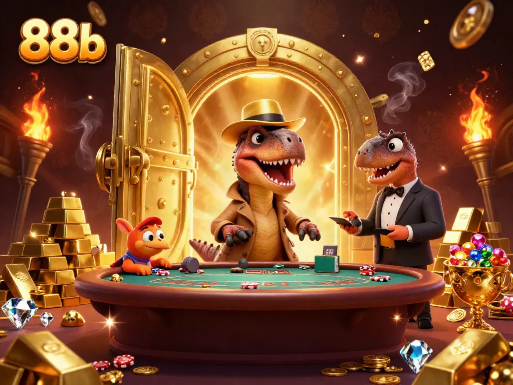 The 88b casino scene with a velociraptor card counter, stegosaurus pit boss, and compy pickpocket amidst gold treasures.