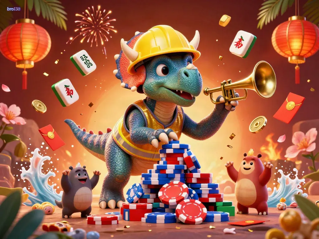 Bro138 celebration featuring a triceratops building a poker chip pyramid amidst festive gambling elements.